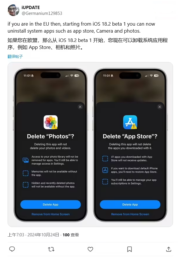 静海苹果手机维修分享iOS 18.2 支持删除 App Store 应用商店 